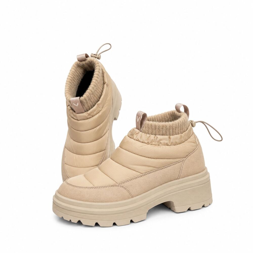 VIVAIA Womens 8 Beige Puffer Winter Ankle Boots Cozy Platform Slip On